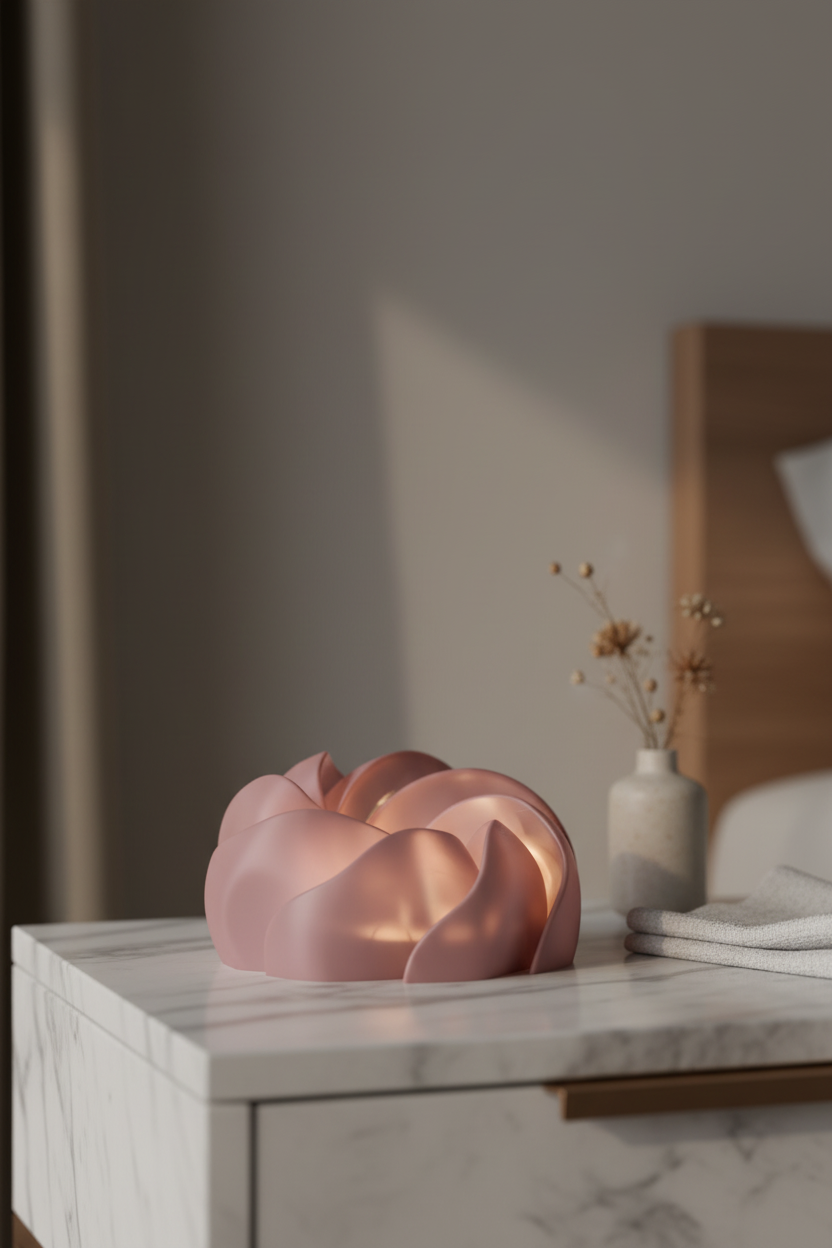 Cloud Twist Lamp soft dusty pink smooth twisted ribbon petal bloom LED tealight warm glow white marble bedside table dried flowers folded linen Japandi minimal bedroom evening portrait