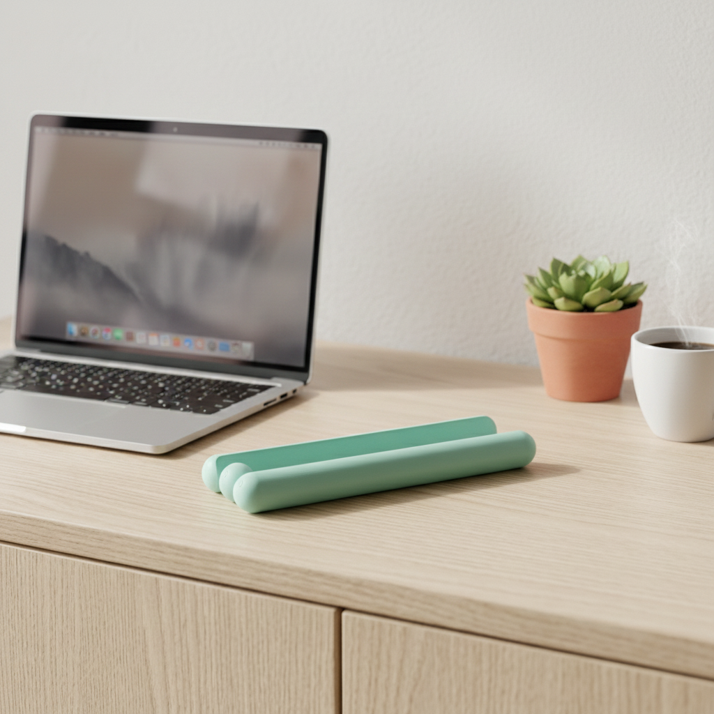 Hollow Pen Tray sage green on oak desk with MacBook and succulent