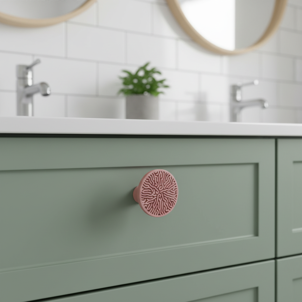 Modern Coral Pattern Cabinet Knob on sage green bathroom vanity