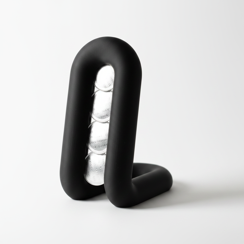 Close up black wibble arch coffee pod holder with silver pods in channel studio white background product detail