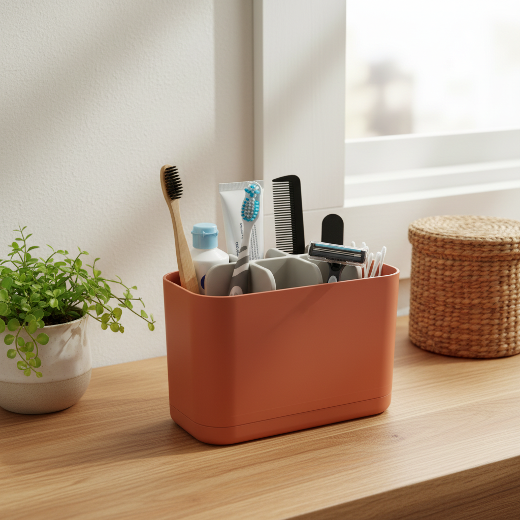 Terracotta orange two-tone bathroom organizer on wooden counter with plant and wicker basket