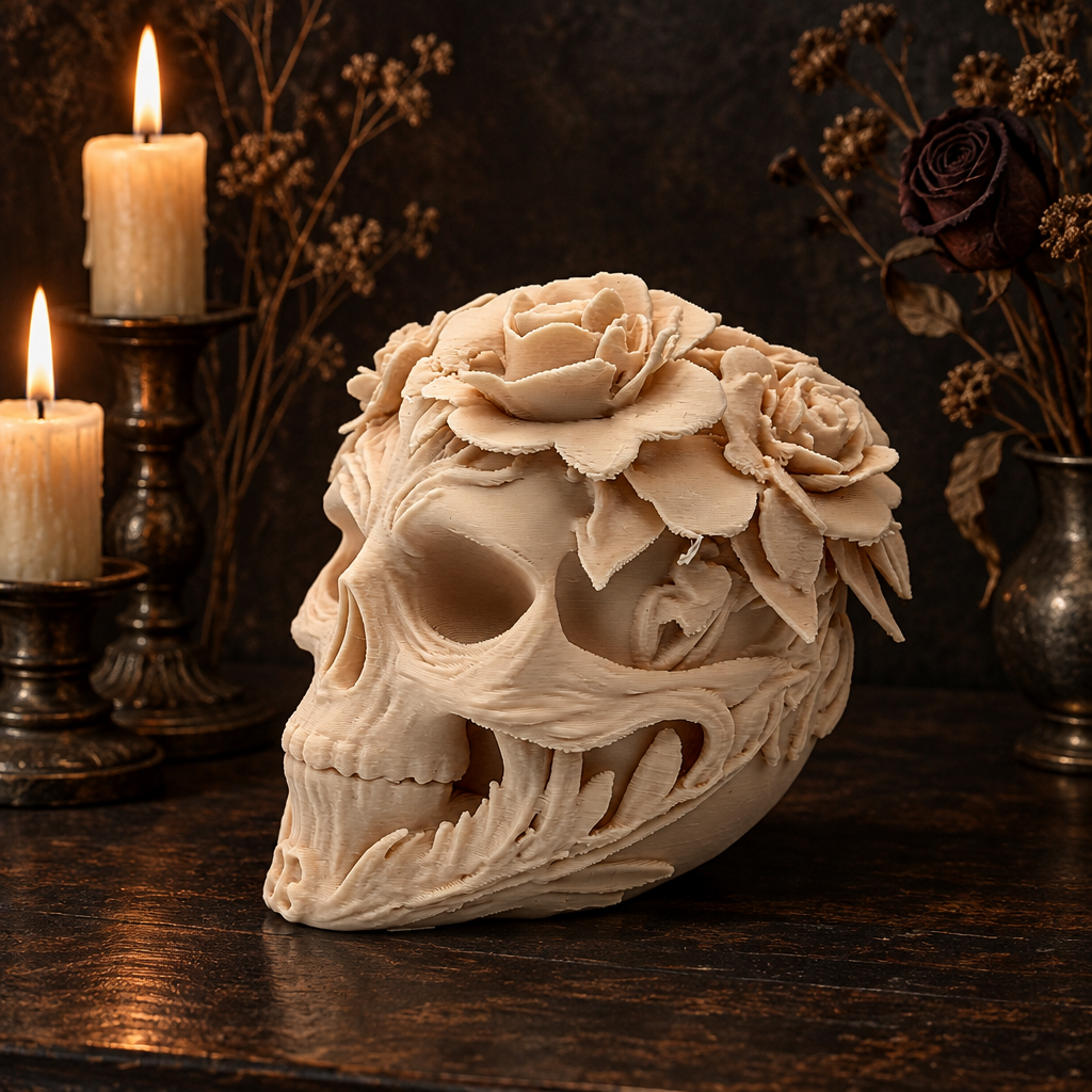 Floral skull sculpture on a dark tabletop with candles and dried stems