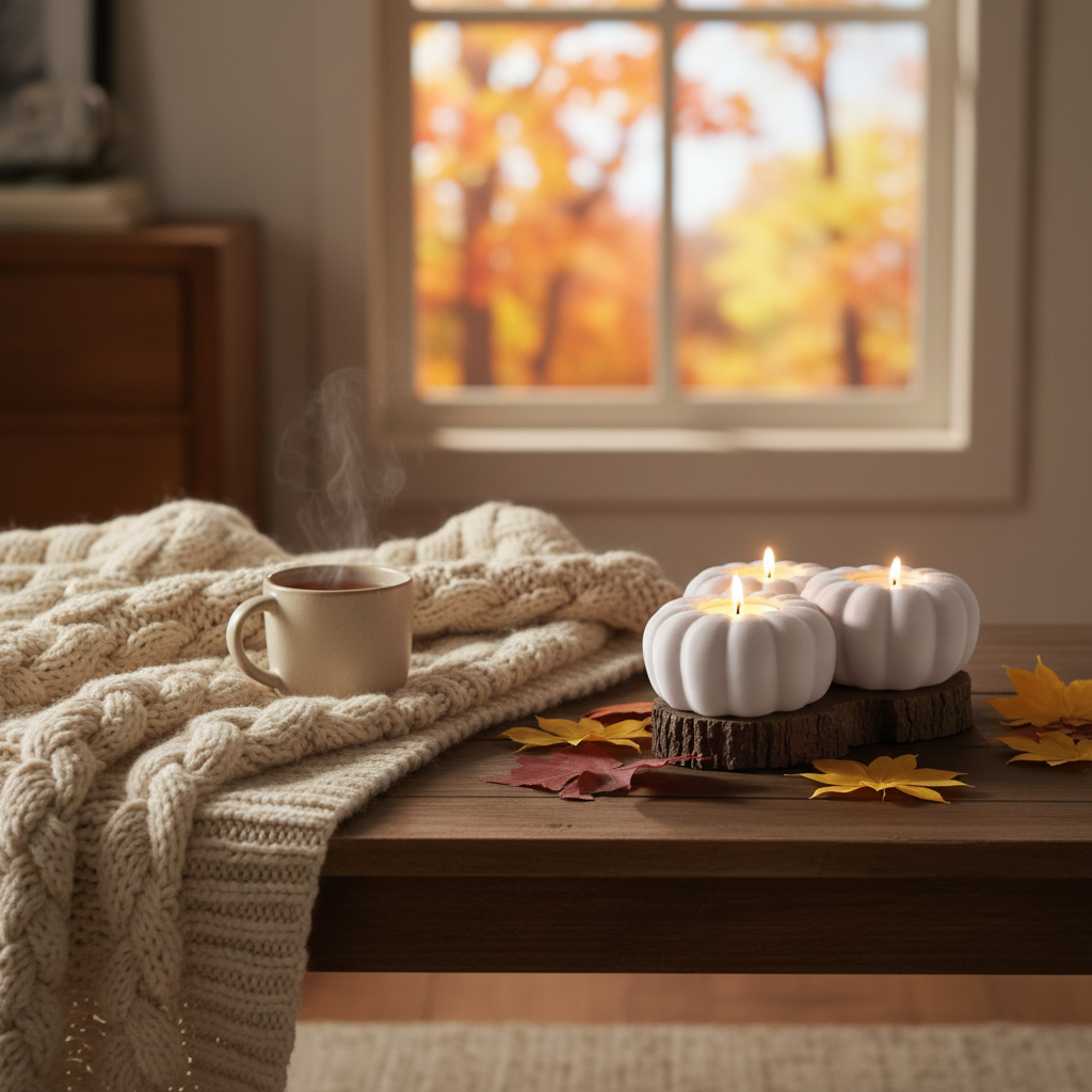 Three white pumpkin tealight holders glowing on coffee table with knitted blanket cosy autumn living room lifestyle