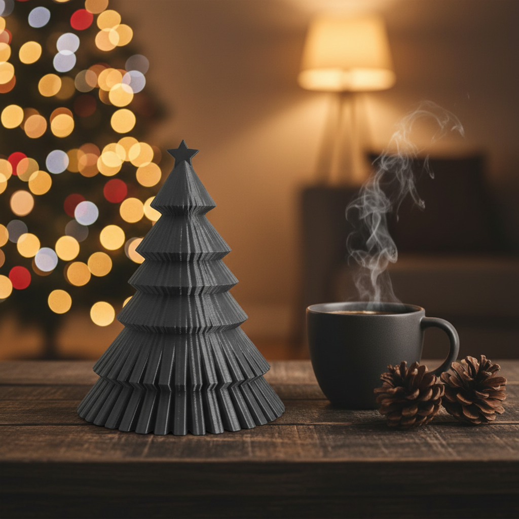 Ribbed Christmas tree with coffee and pine cones warm living room lifestyle