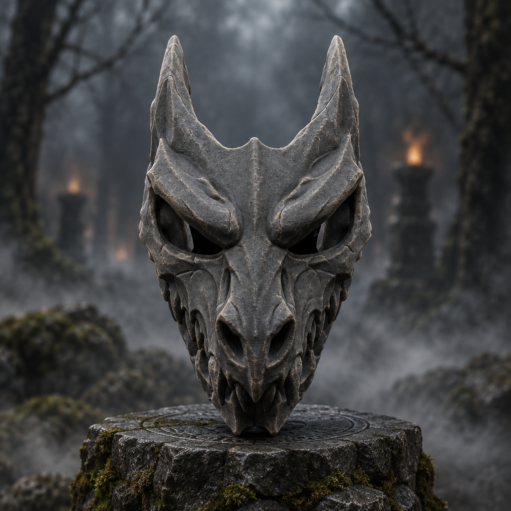 Charcoal Dragon Skull mask in a misty haunted forest setting, strap not included