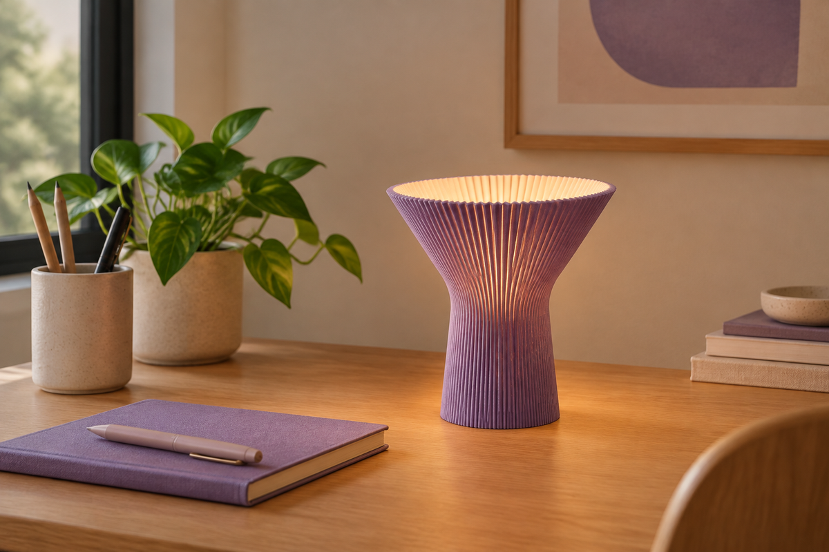 Purple inverted funnel lamp with fine pleats on a creative workspace desk.