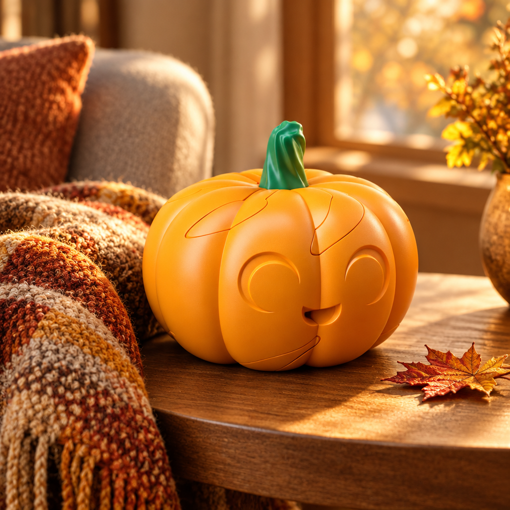 Pumpkin puzzle displayed on a side table in a cozy autumn living room