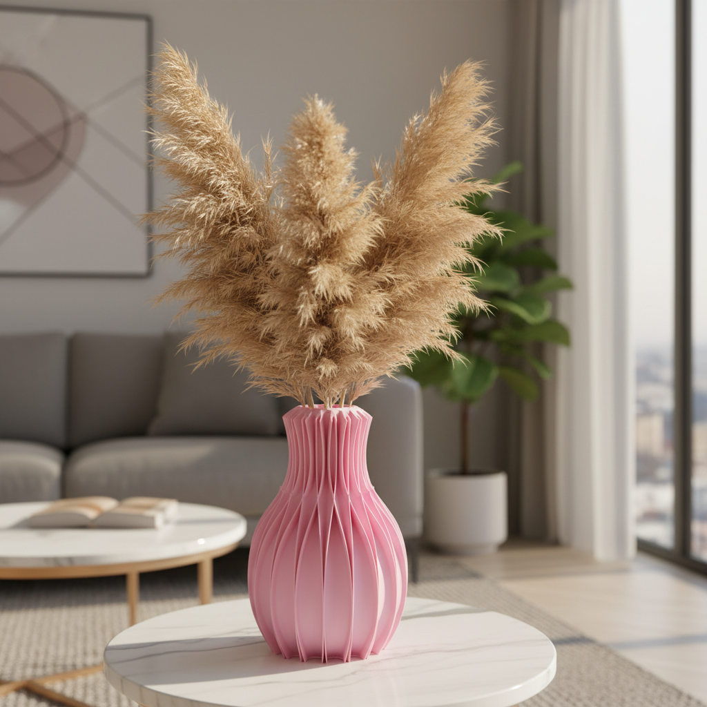 Facetta vase with dried pampas grass on a marble side table in a modern living room