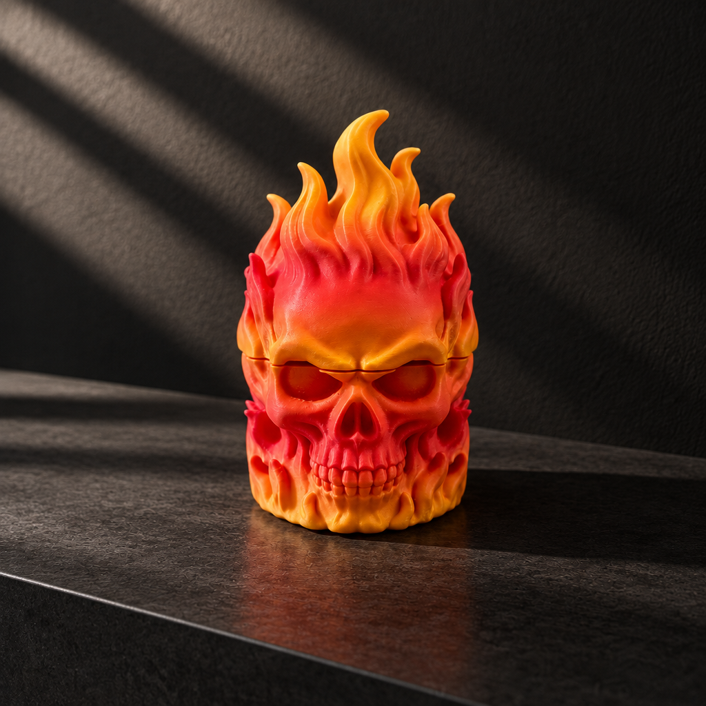 Flaming Skull Herb Grinder on charcoal console