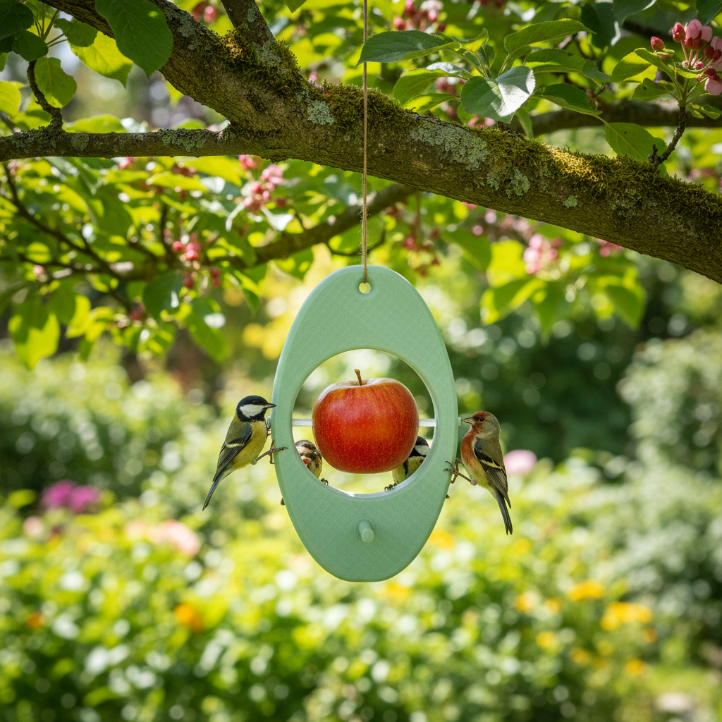 Sage green apple bird feeder hanging in summer garden - lifestyle