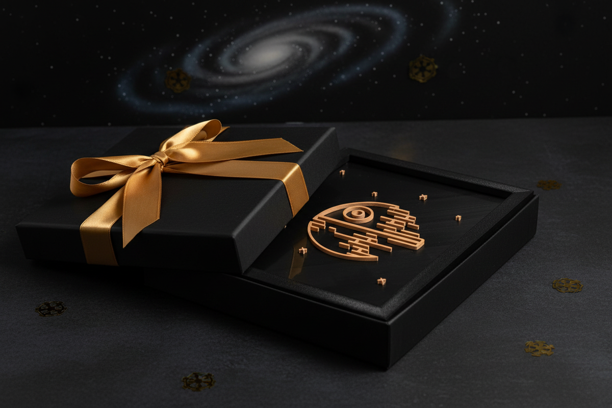 Death Star Neon Line Art shadow box presented as a gift in a sleek black box with gold ribbon