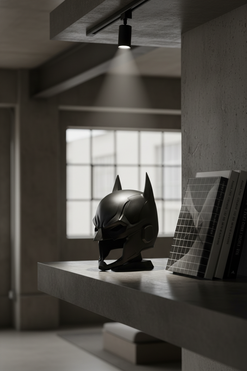 Batman cowl helmet replica sculpture black matte twin bat ears angular visor display base dark polished concrete shelf minimal industrial loft architectural design books single track spotlight portrait