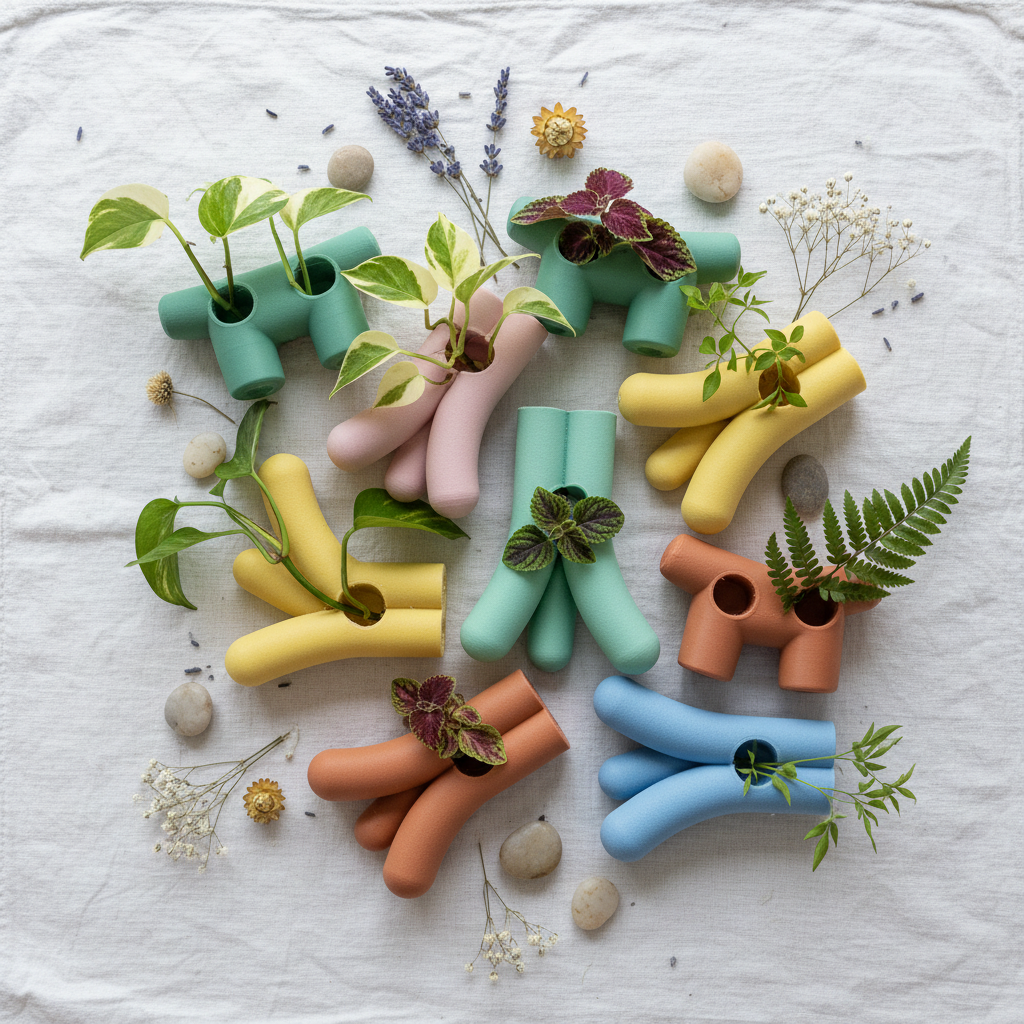 Modern Triple Stem Propagation Holder flat lay botanical multi-colour