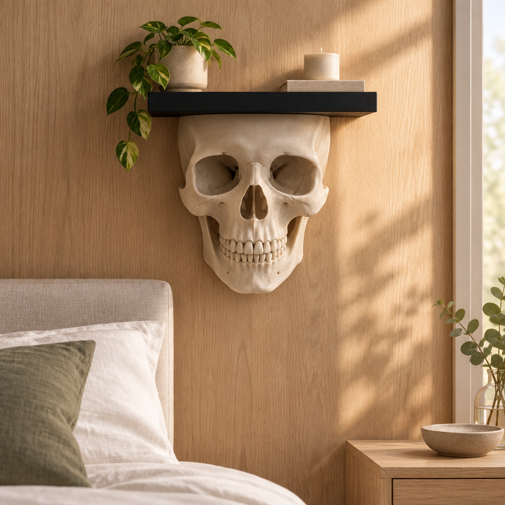 Front-facing Skull Shelf on a light oak bedroom wall