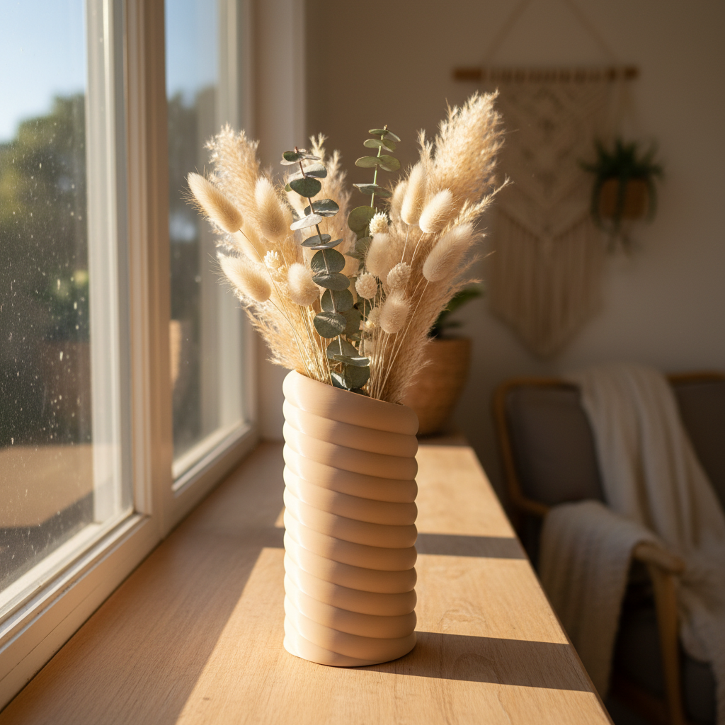 Warm beige swirly vase with dried grasses and eucalyptus on a sunny windowsill