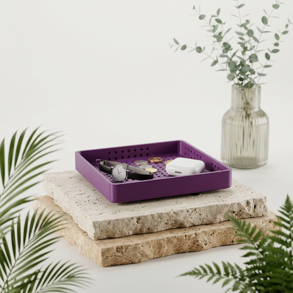 Purple catchall tray with desk accessories - lifestyle