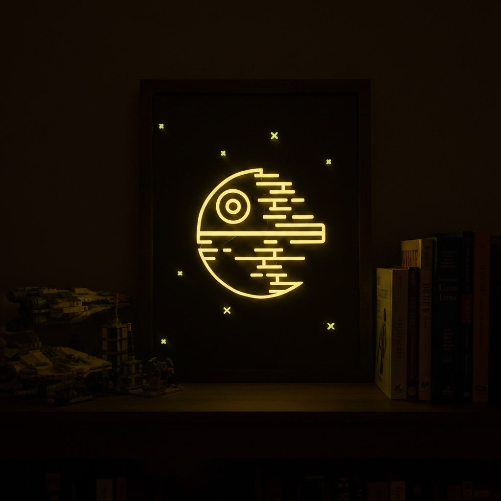 Death Star neon line art shadow box glowing vivid yellow in a dark bedroom beside Lego sets