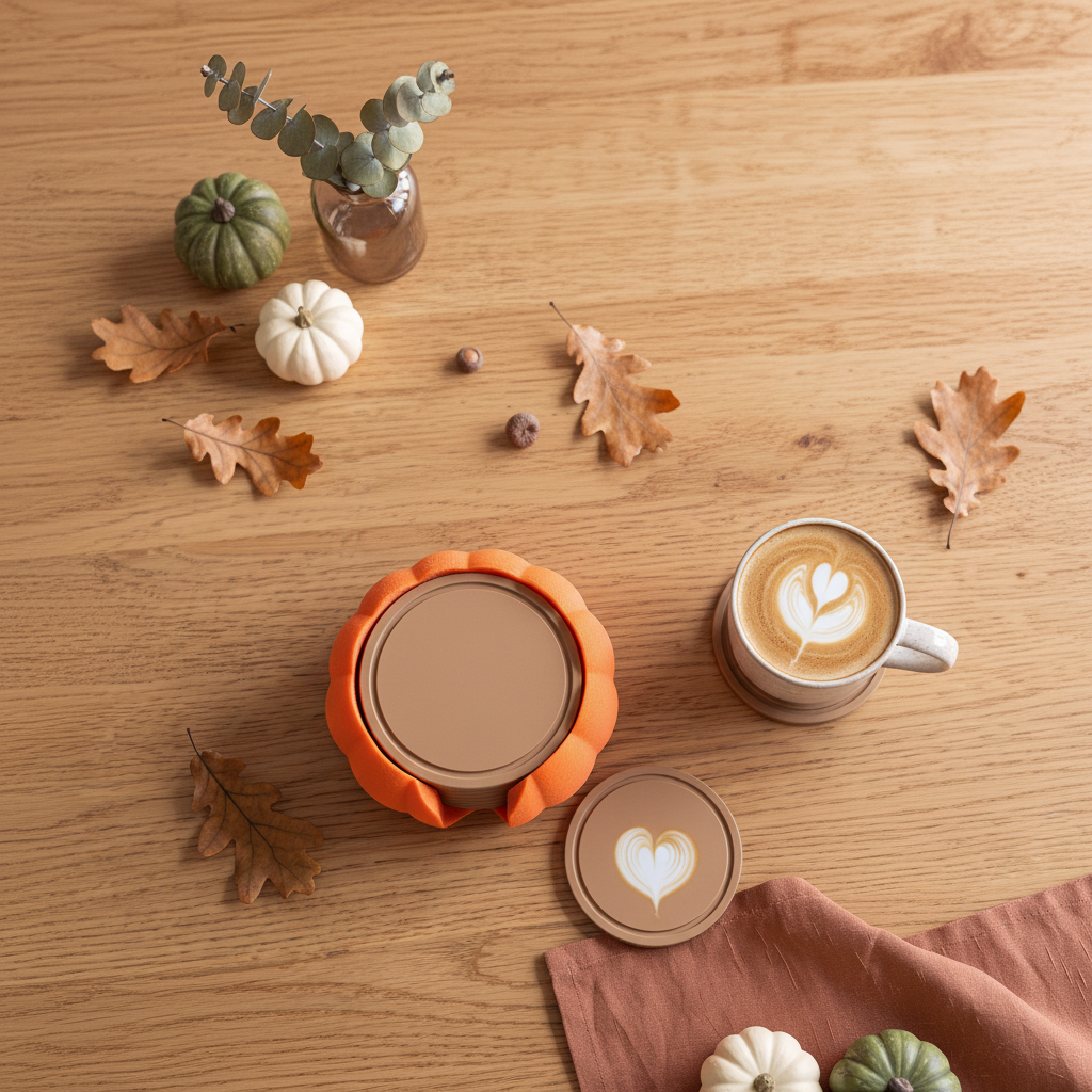 Overhead flat lay of pumpkin coaster holder with autumn leaves and acorns