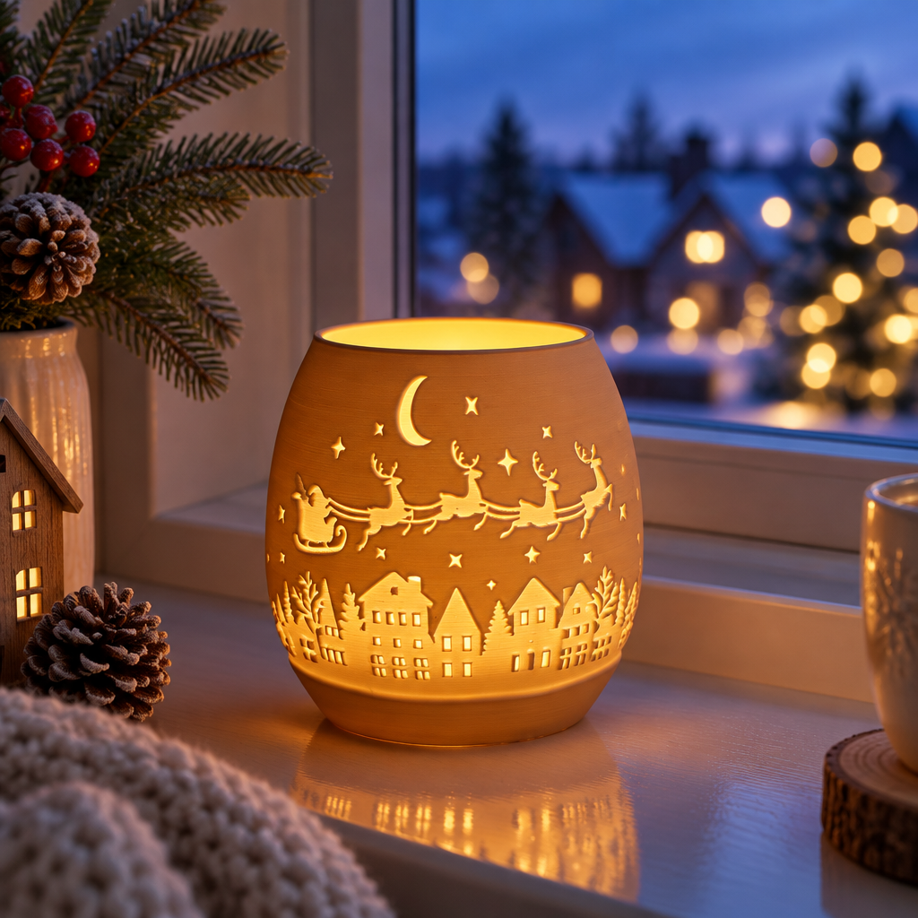 Santa sleigh tealight holder glowing on a winter windowsill at dusk
