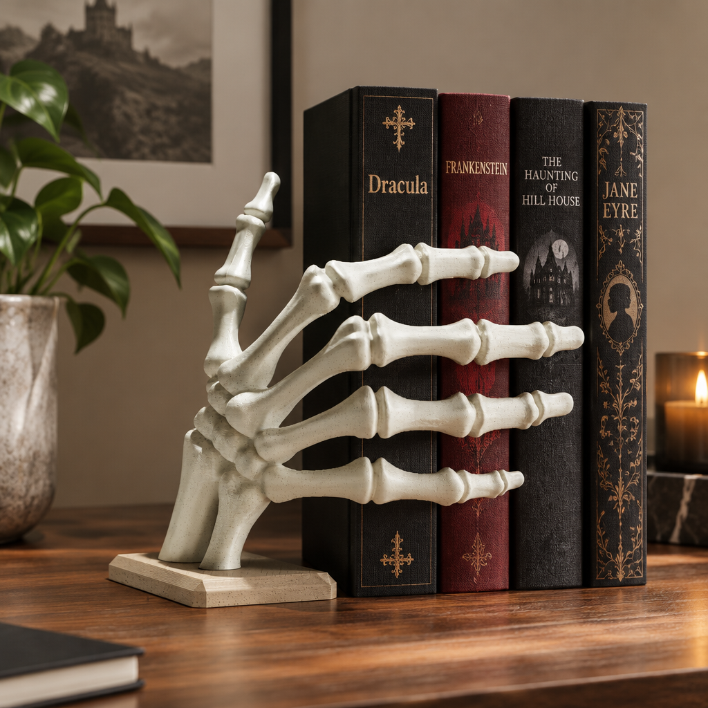 Skeleton hand bookstop on a walnut desk