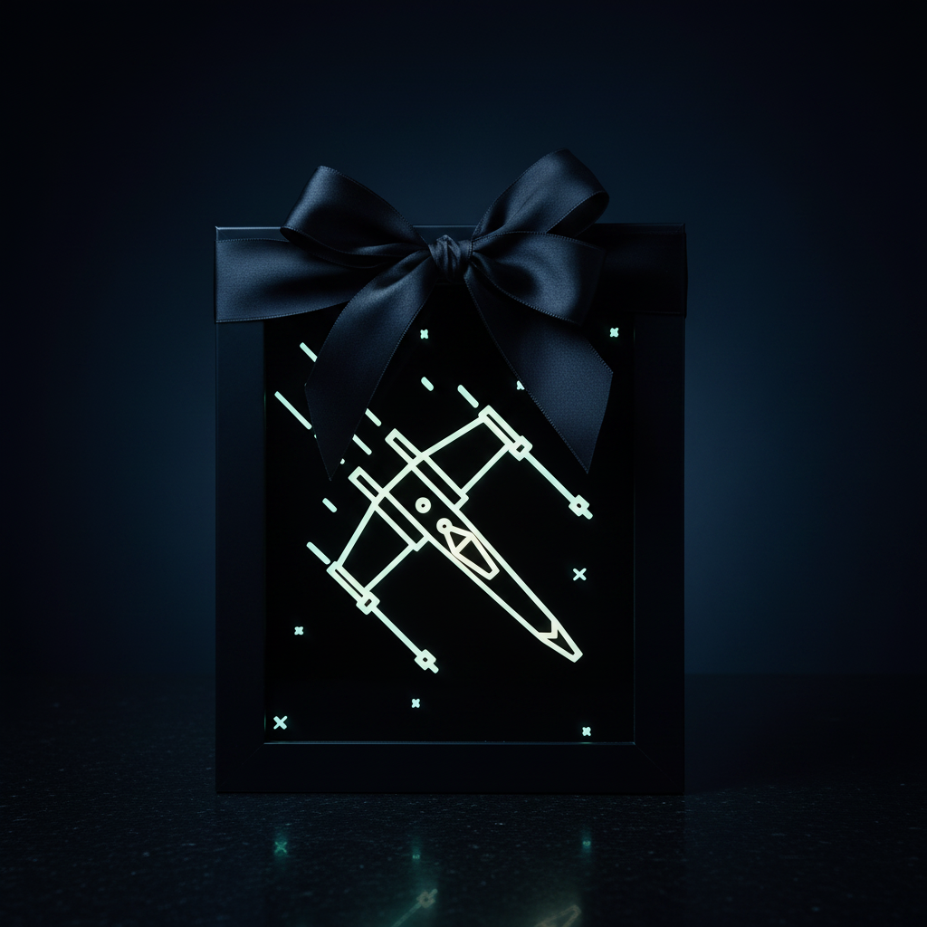 X-Wing neon line art shadow box presented as a premium gift with matte black ribbon and bow