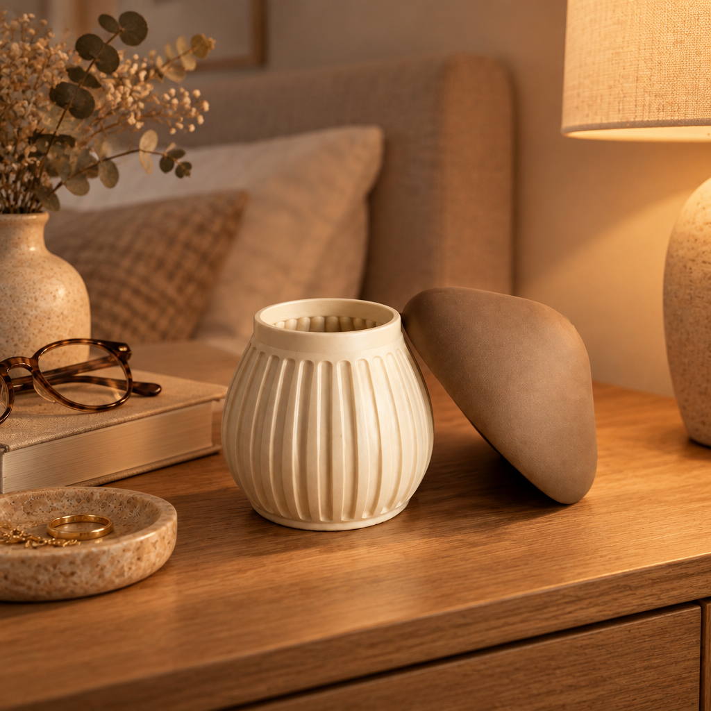 Beige ribbed mushroom container on a bedside table