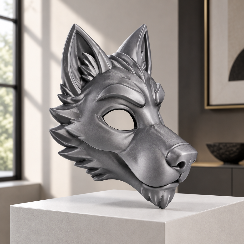 Silver-gray Dire Wolf fantasy mask displayed in profile, without a strap