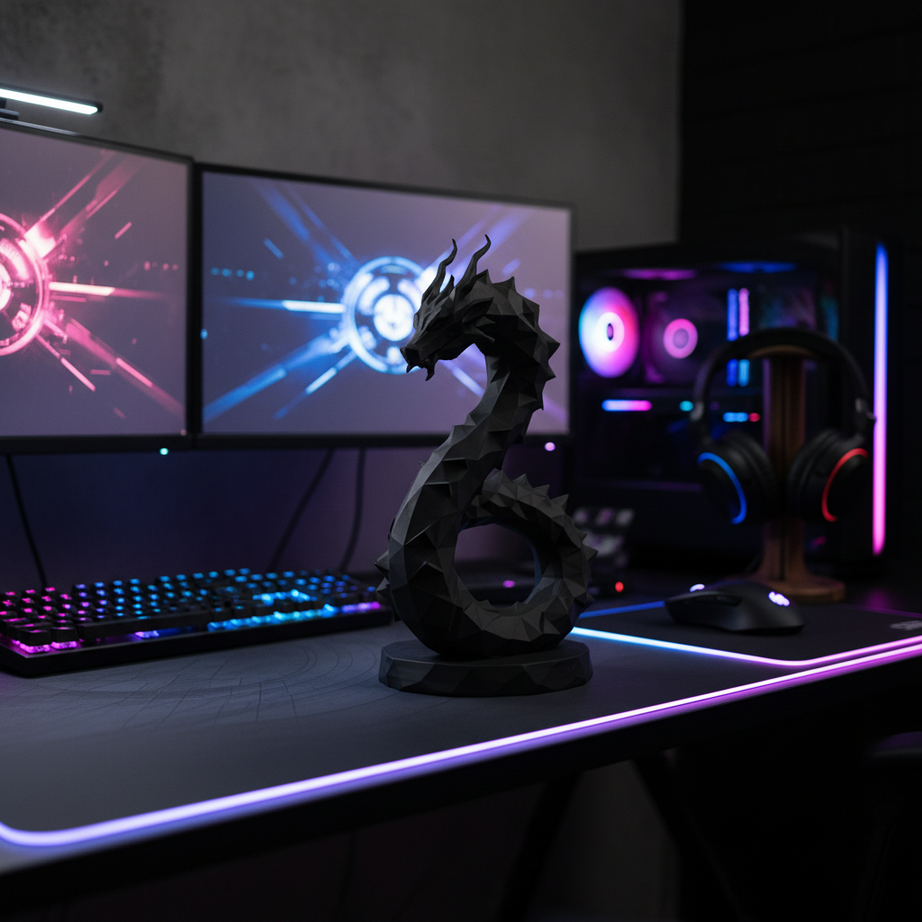 Low Poly Hydra Dragon Sculpture in black — displayed on gaming desk with RGB lighting and headphones in background