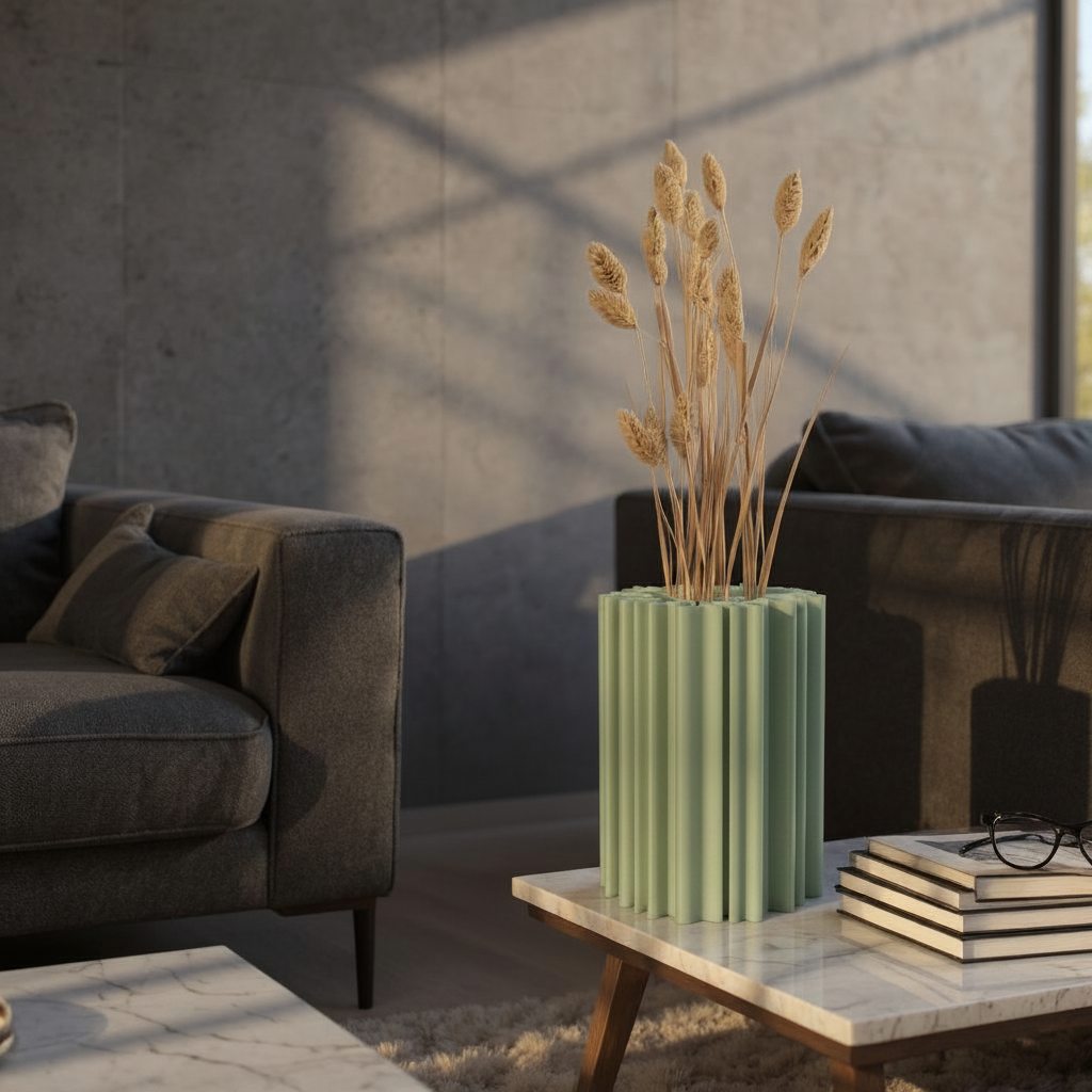 Sage green coral organic vase with dried pampas grass on a marble coffee table in a modern living room