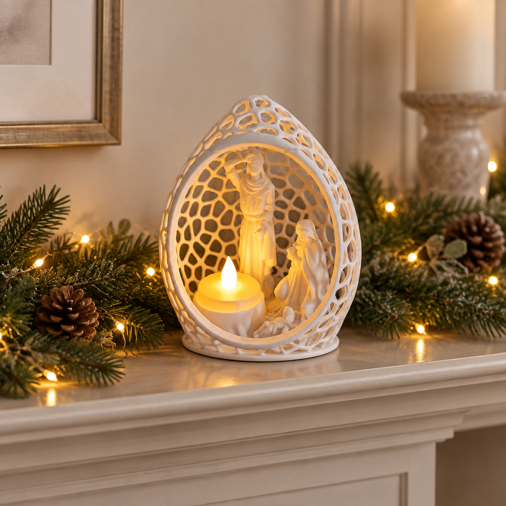 White oval Nativity tealight scene styled on a festive mantel with greenery