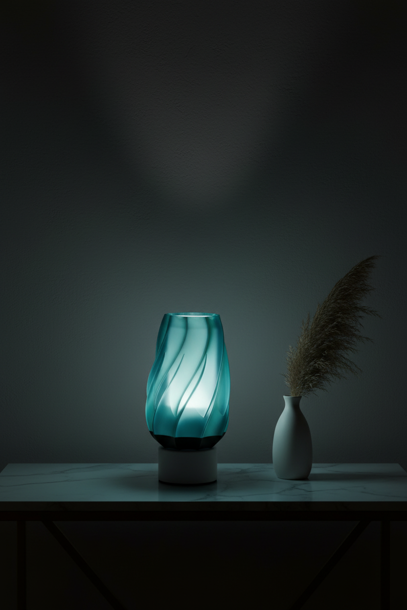Twisted Glow Table Lamp teal translucent twist-fin body cool blue-green glow white base white marble console table dried stem dark moody interior spotlight