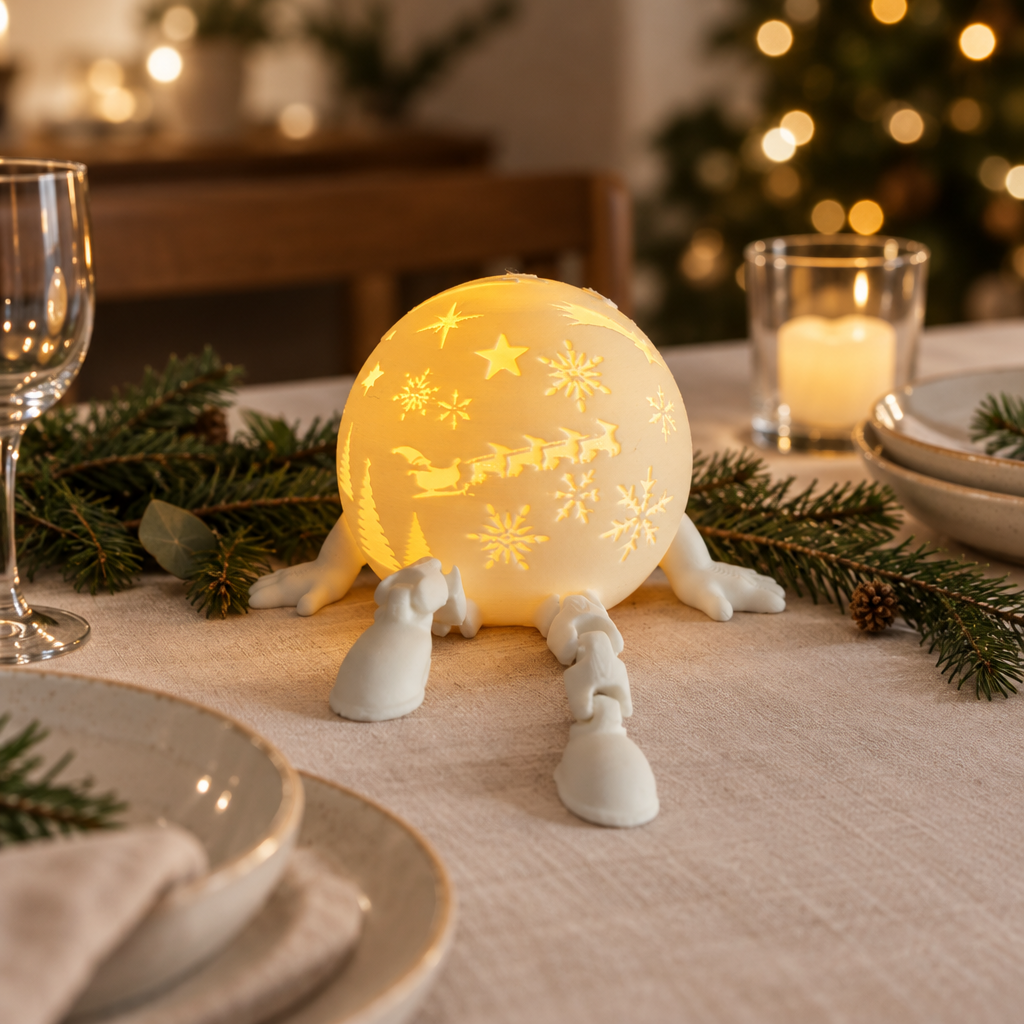 White train-detail globe tealight holder displayed as a Christmas dining table accent