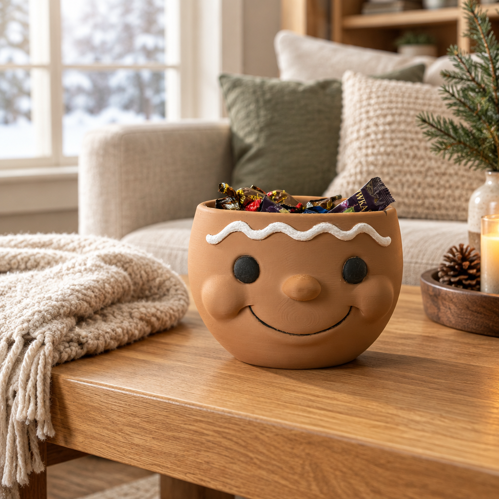 Brown snowman-head snack bowl with wrapped candies on a coffee table