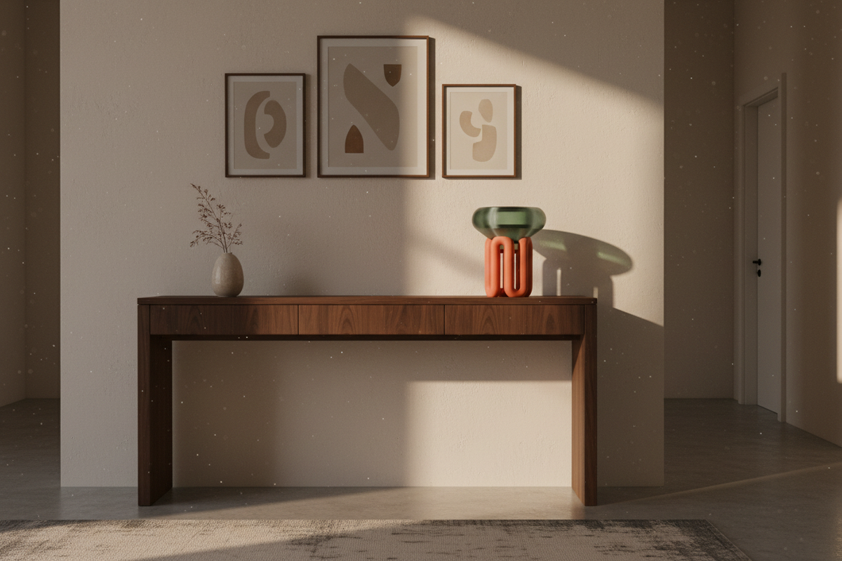 Coral Wibble Base Lamp with translucent green shade on a hallway console