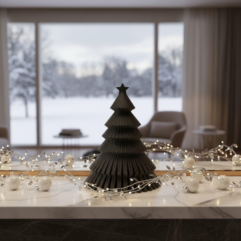 Dark ribbed Christmas tree on marble mantelpiece with white baubles elegant lifestyle