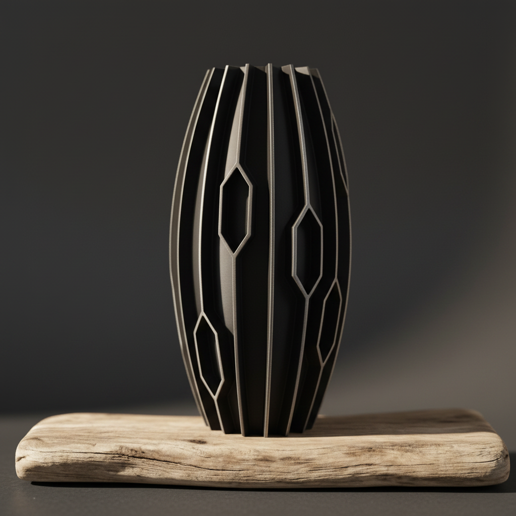 Close up black diamond rib vase staggered geometric surface detail on dark gradient background