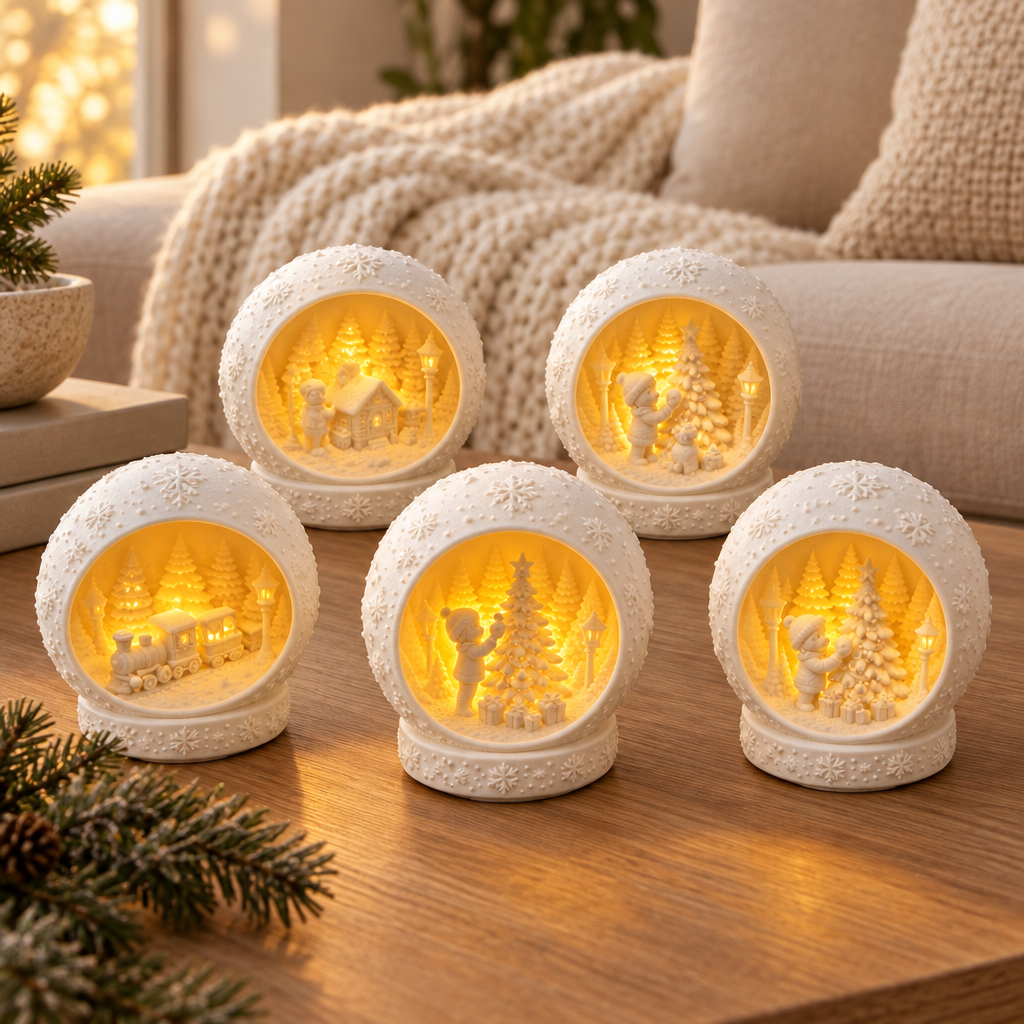 Five white Christmas scene holders on a coffee table in a neutral living room.
