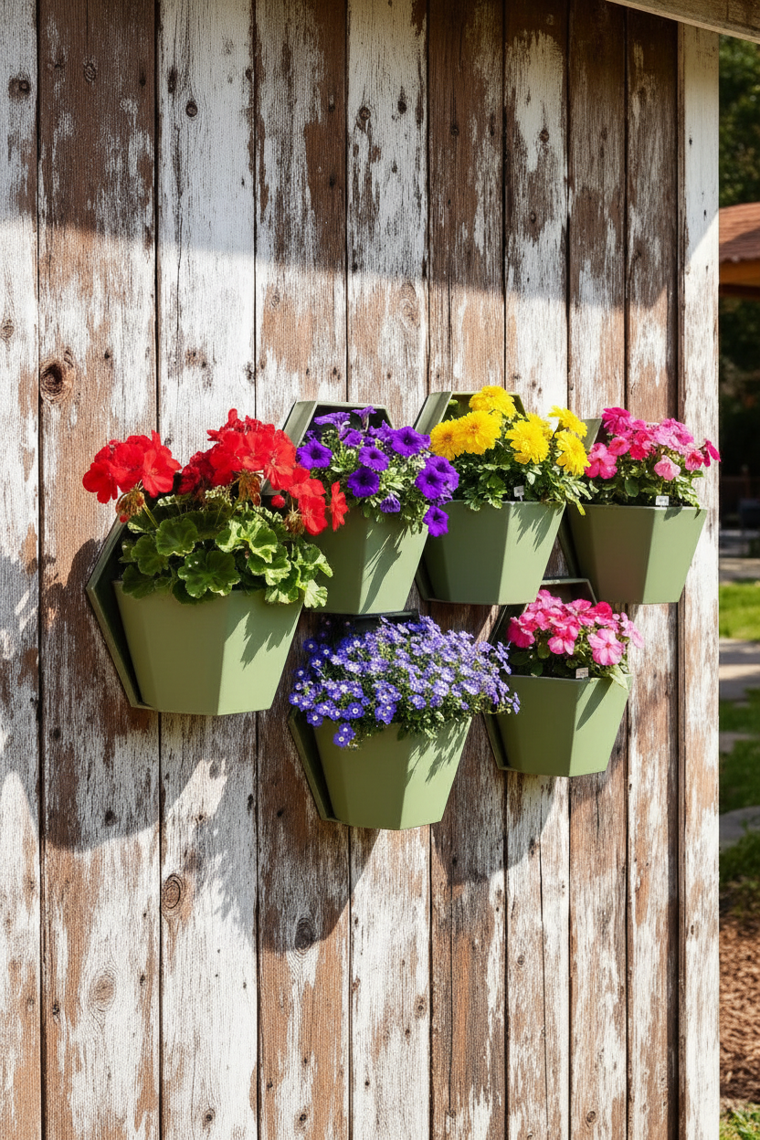 Six geometric wall planters in honeycomb arrangement with mixed herbs on garden wall