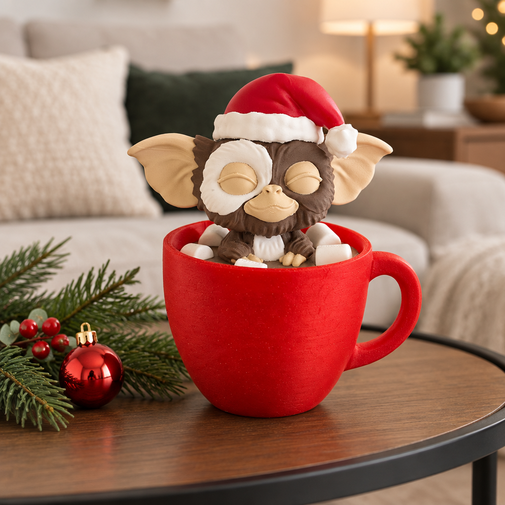Gizmo in a red mug on a modern coffee table with subtle Christmas greenery