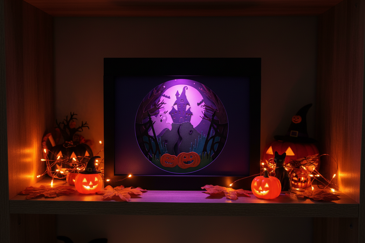 Halloween shadow box with purple backlight on a shelf with orange fairy lights and Halloween decor