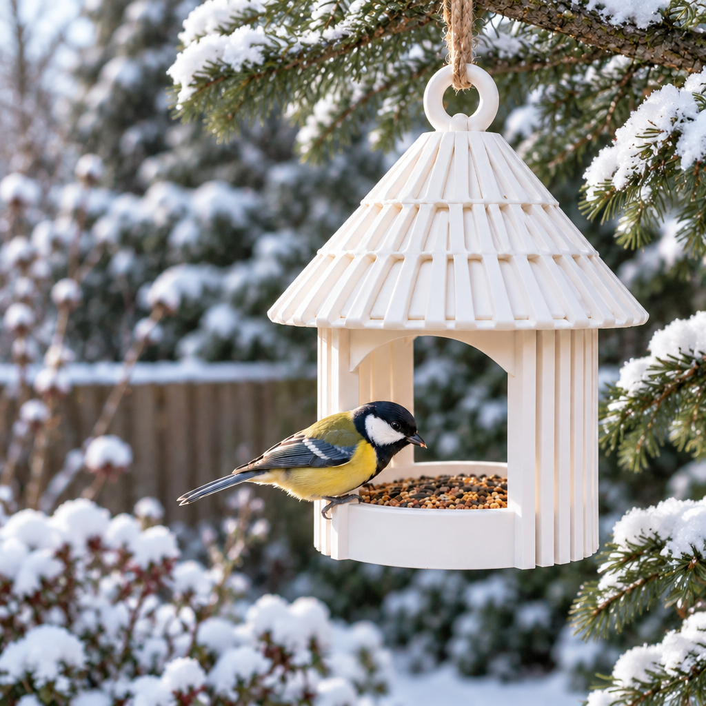 Garden Hut feeder near evergreens in winter