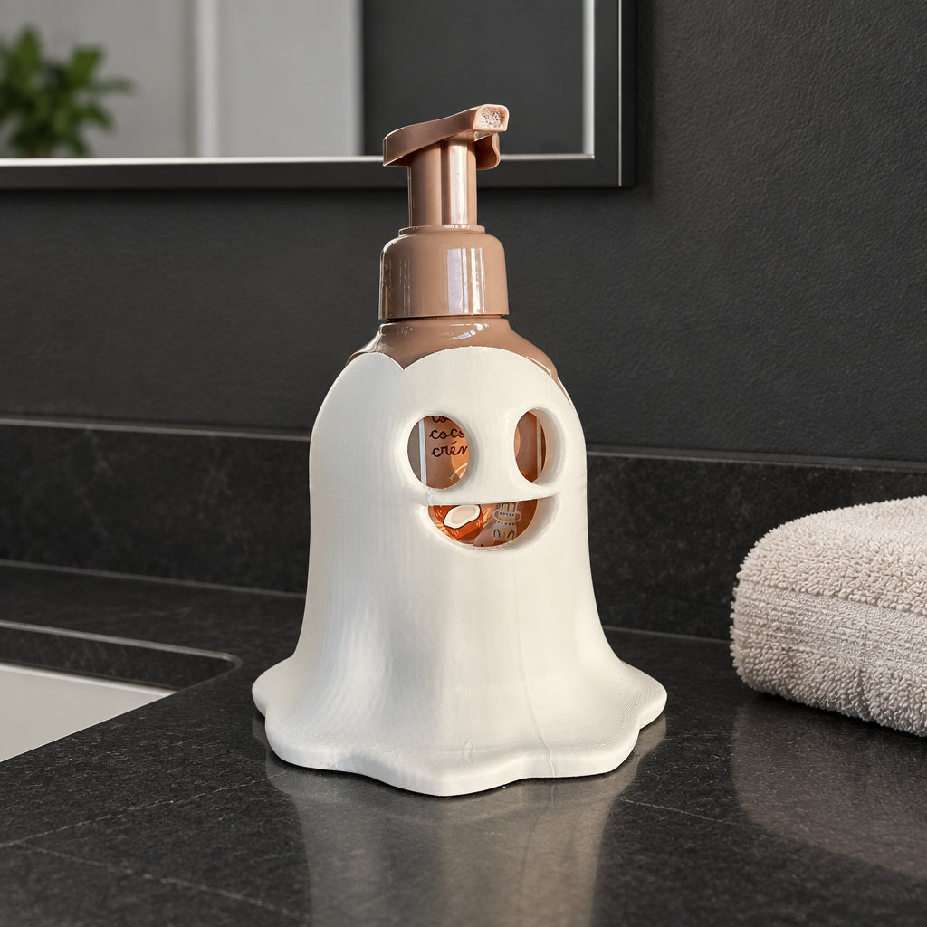 Ghost-shaped soap dispenser on a charcoal bathroom vanity