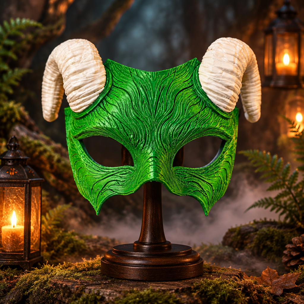 Neon-green Faun Mask with ivory horns in a Halloween woodland scene, strap not included