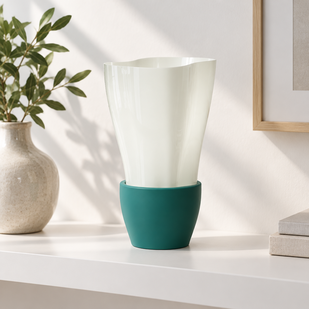 Flowing E14 Lamp unlit in daylight on a white shelf with a ceramic vase