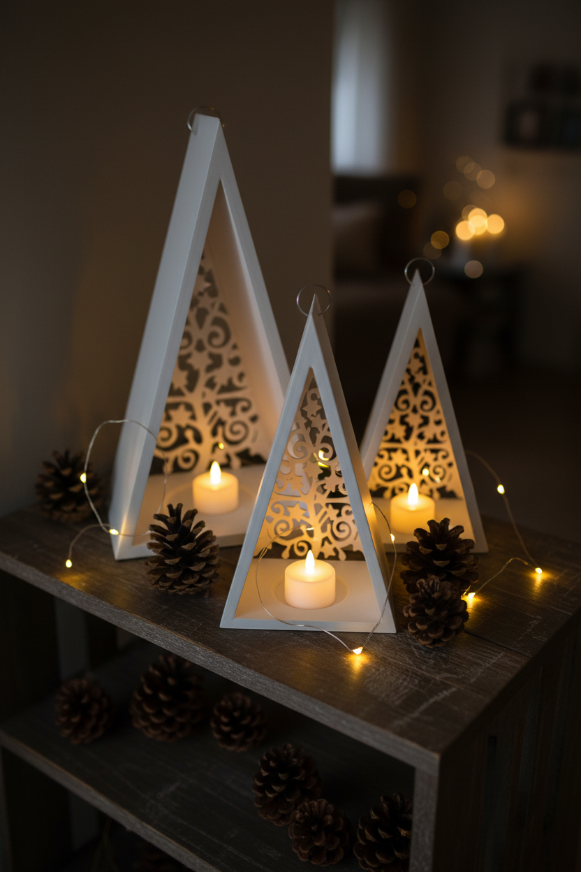Three pyramid Christmas lanterns glowing on dark wooden shelf with fairy lights lifestyle