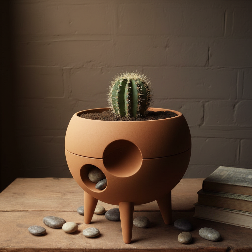 Terracotta brown Spaced-Out planter with a cactus on a rustic boho shelf with golden hour light
