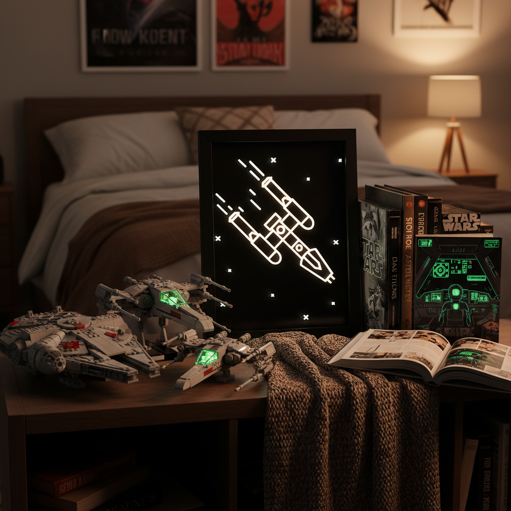 Y-Wing neon line art shadow box glowing in a dark bedroom beside Star Wars Lego sets