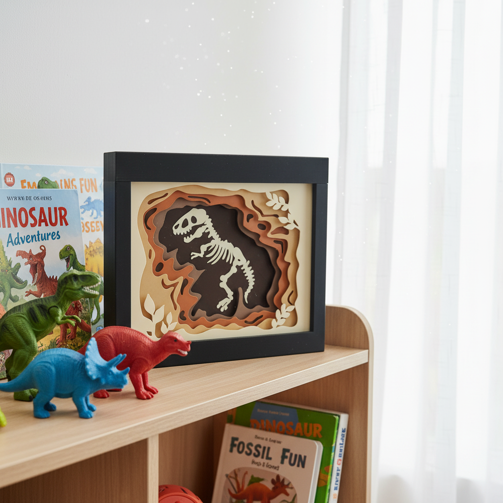 Dinosaur Shadow Box displayed on child's bedroom shelf with dinosaur toys and books
