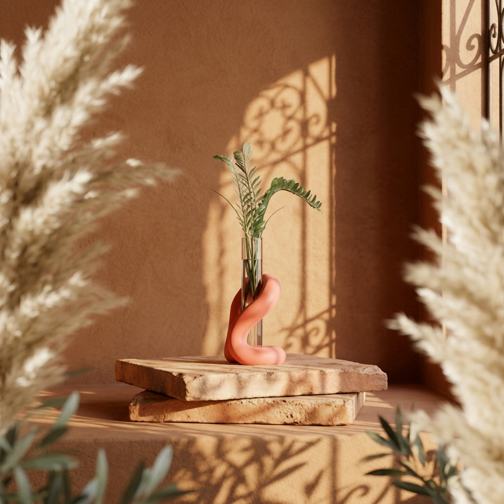 Beige loop stand on travertine shelf with pampas grass - lifestyle