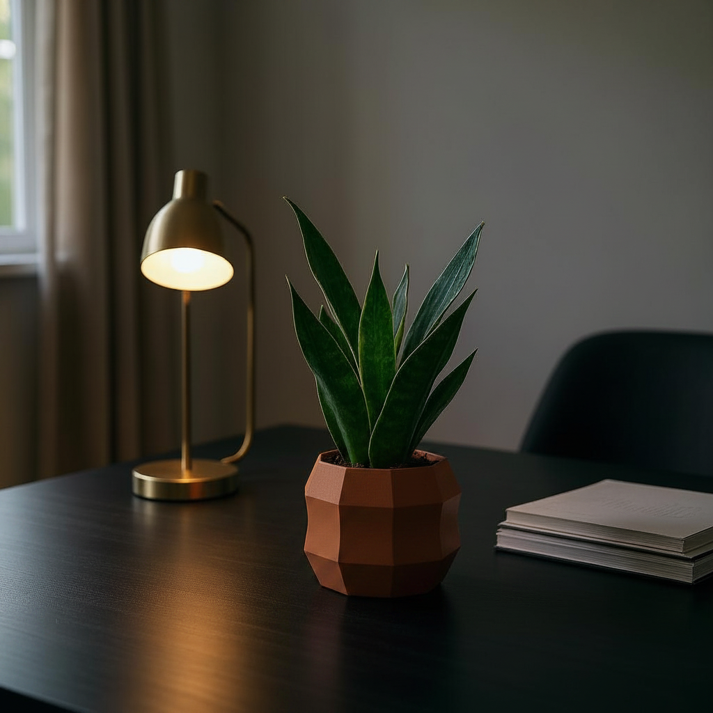 Decagonal flowerpot in terracotta brown with snake plant on a dark desk with gold lamp